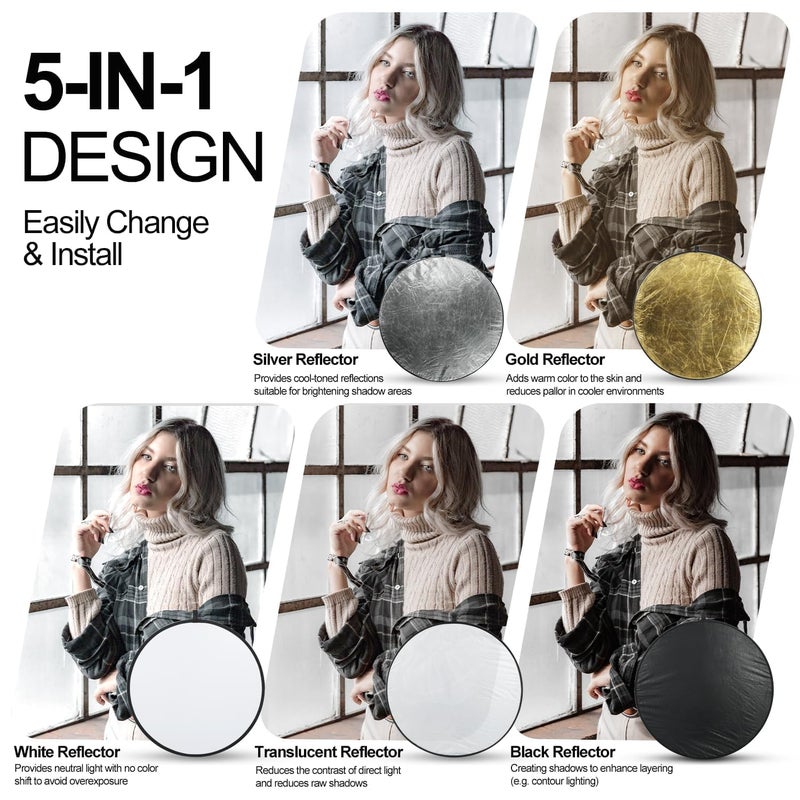EMART 24'' (60cm) 5 in 1 Photo Collapsible Photography Reflector with Bag - Portable Camera Panel for Studio Video,Outdoor Lighting, Indoor Shooting, Portraint -Translucent, White, Silver, Gold, Black - Image 2